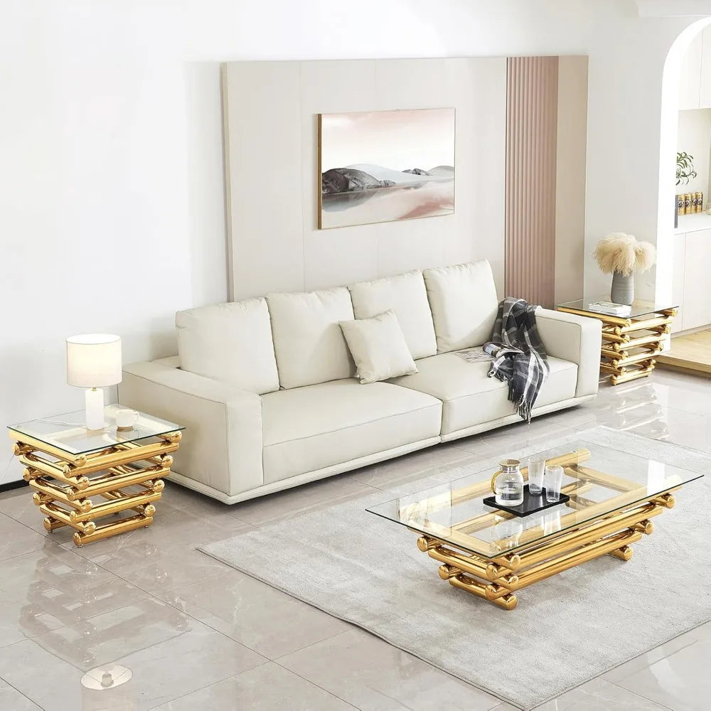 Modern 55 Inch Glass Coffee Table with Gold Stainless Steel Legs