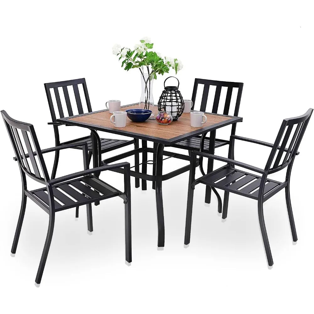 5 Piece Outdoor Dining Set for 4 with Stacking Wrought Iron Chairs