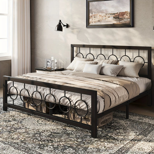 Vintage King Queen Size Metal Bed Frame with Circular Design