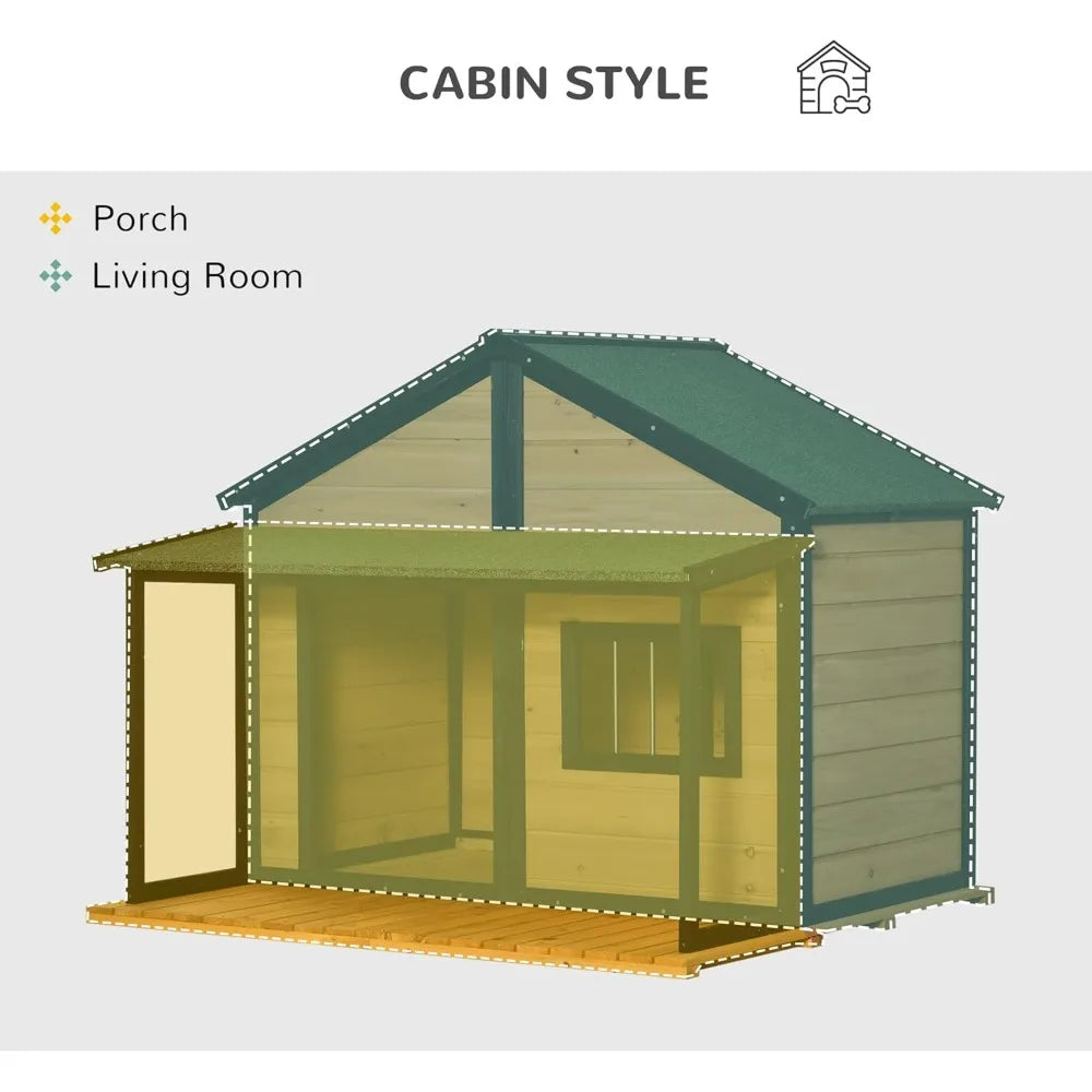 Wooden Raised Outdoor Dog House Cabin Style with Porch and Window