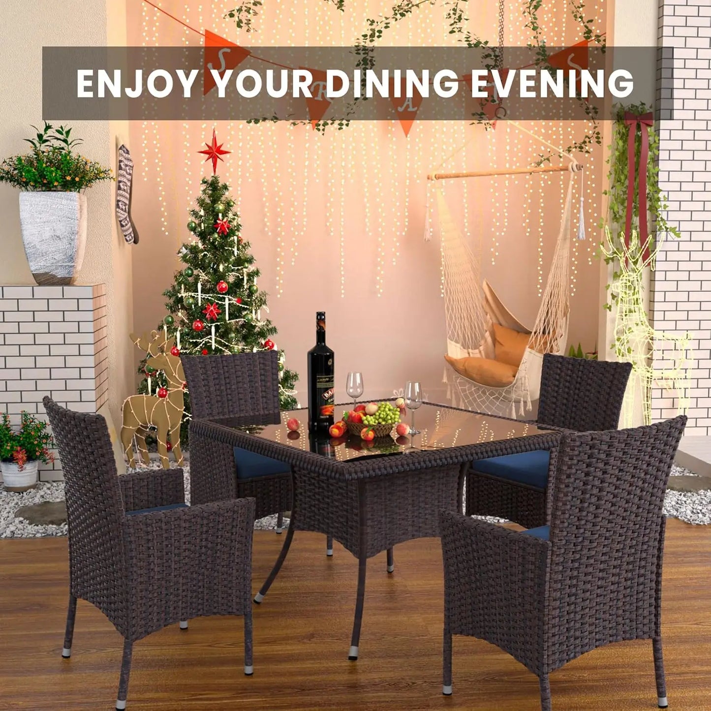 5 Piece Rattan Patio Dining Set with Cushions and Navy Blue Chairs