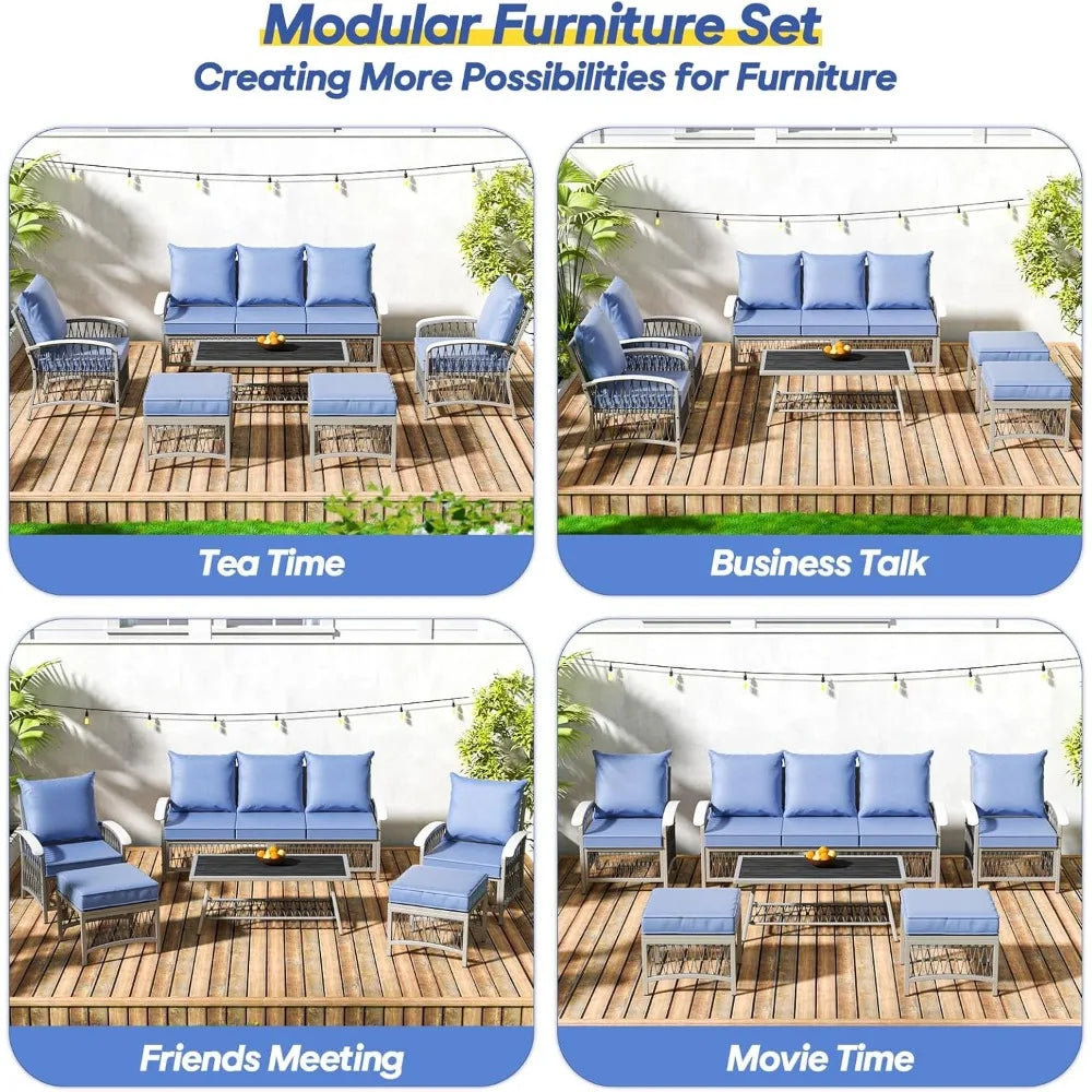 6 Piece Metal Patio Furniture Set with Cushions and Ottoman