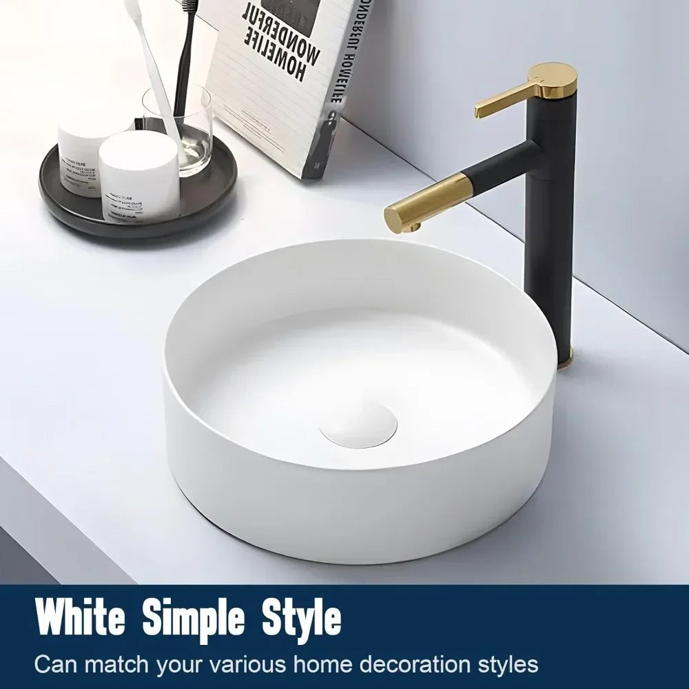 White Ceramic Round Bathroom Sink 16 Inch Countertop Basin