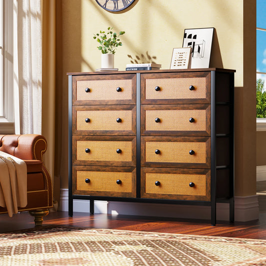 Rattan Woven Dresser 8 Drawer Chest of Drawers for Bedroom Storage