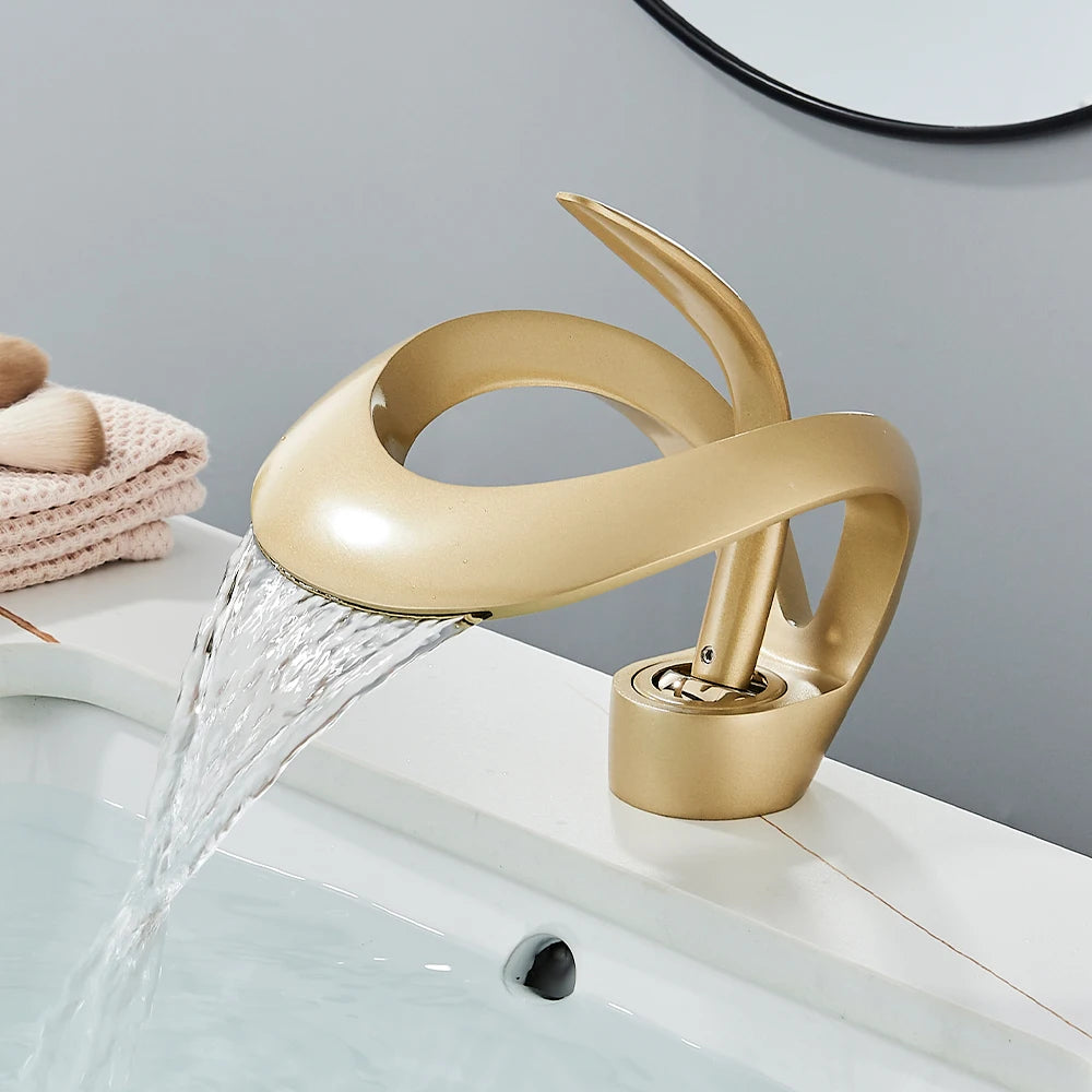 Gold Brass Waterfall Bathroom Faucet Single Handle Mixer Tap