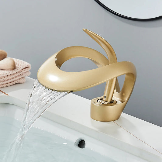 Gold Brass Waterfall Bathroom Faucet Single Handle Mixer Tap