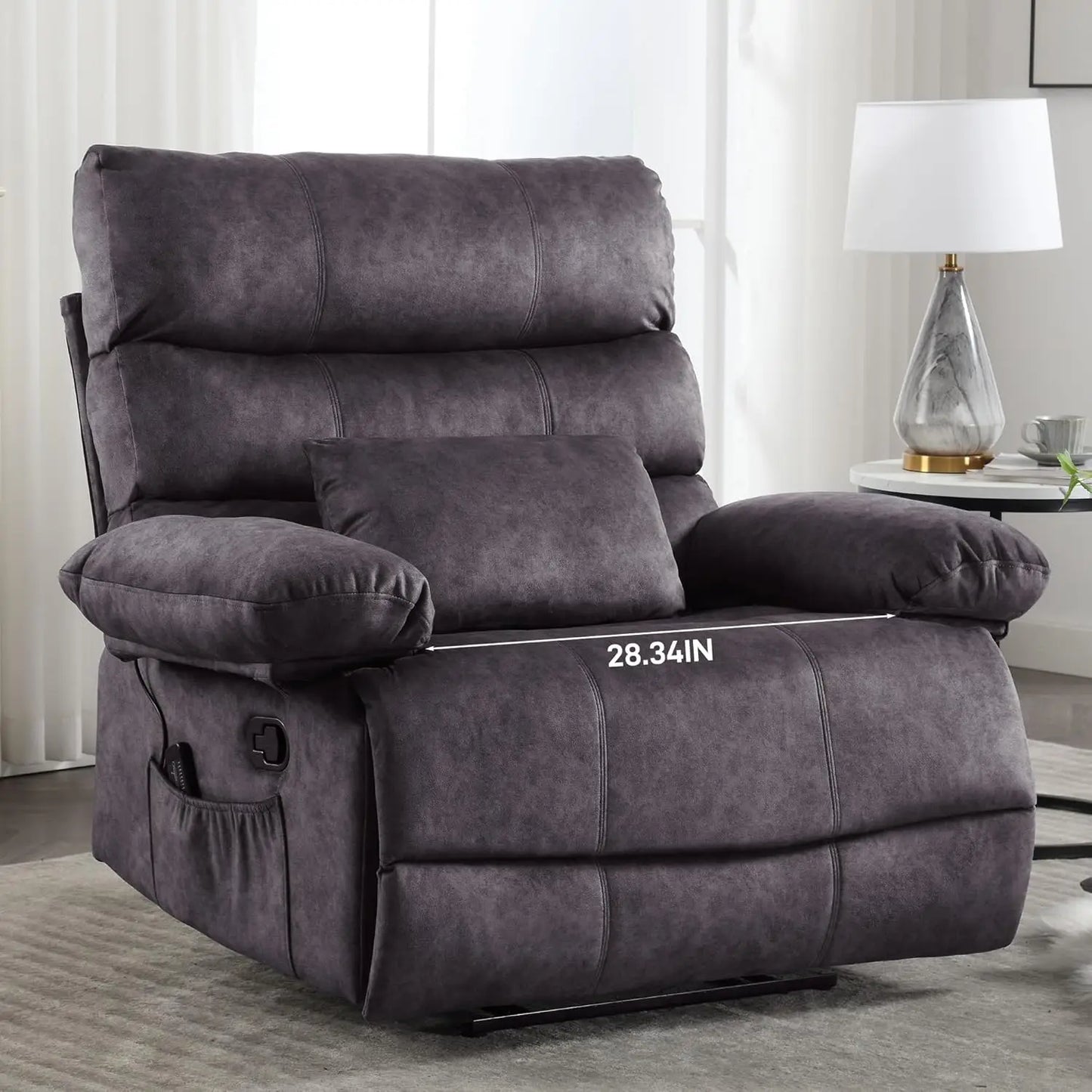 Oversized Manual Fleece Recliner with Lumbar Pillow and Pockets