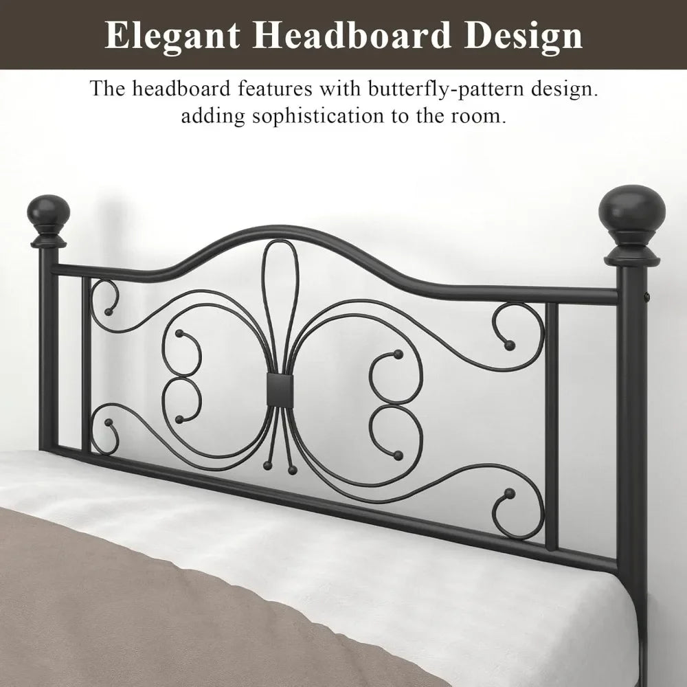 Queen Size Metal Platform Bed Frame with Butterfly Headboard