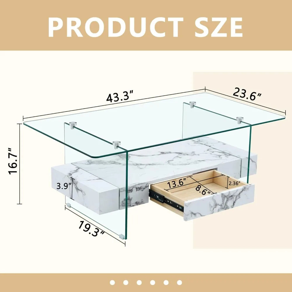Modern White Rectangle Glass Coffee Table with Storage 43 Inches