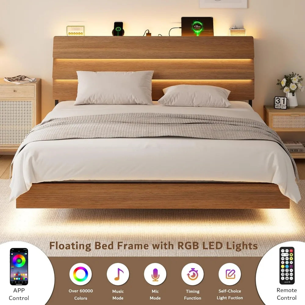 Floating King Size Metal Bed Frame with LED Lights and Storage