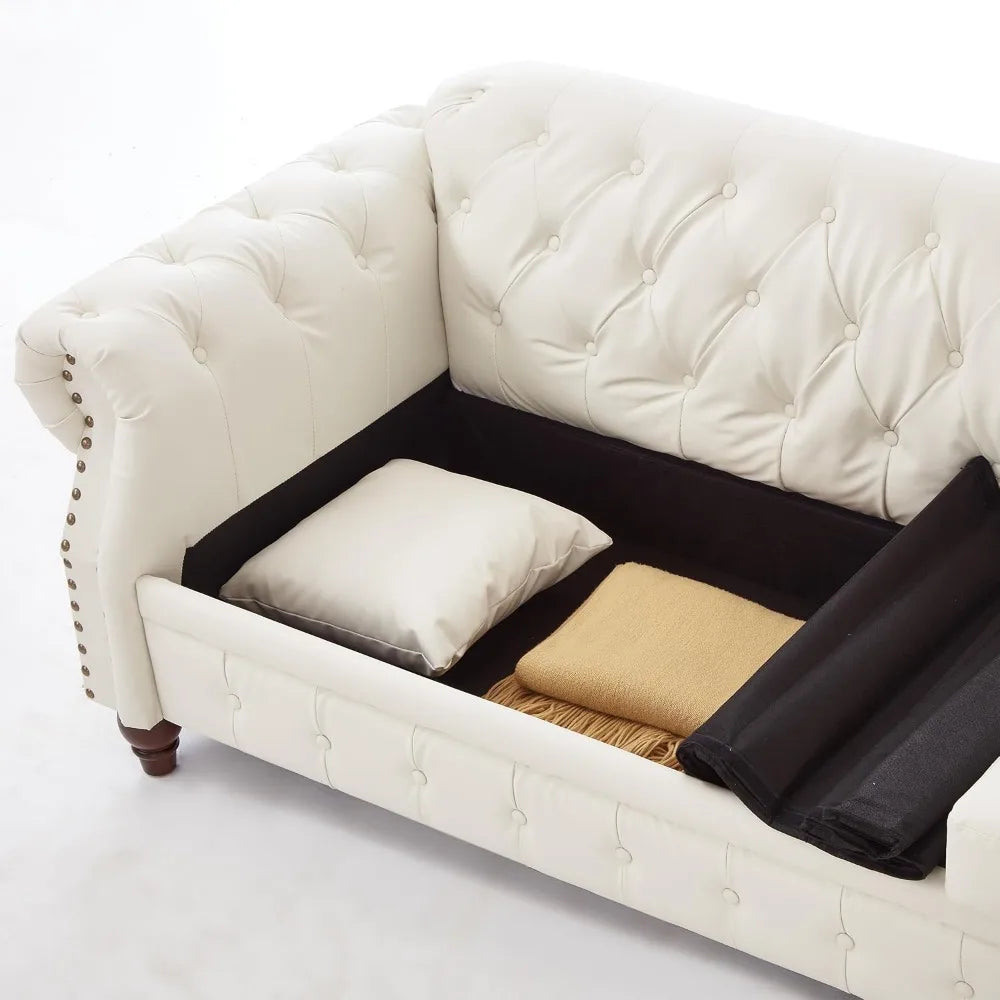 Tufted Leather Chesterfield Sofa with Storage and 3 Seats