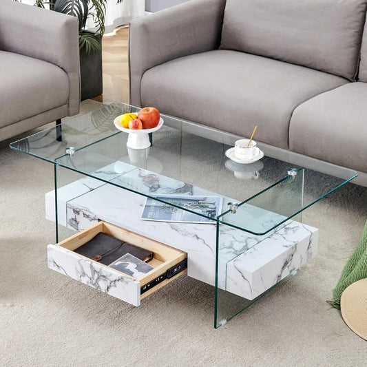 Modern White Rectangle Glass Coffee Table with Storage 43 Inches