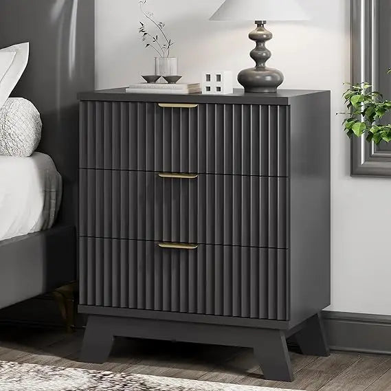 Fluted Nightstand with 3 Drawers Mid Century Modern Design