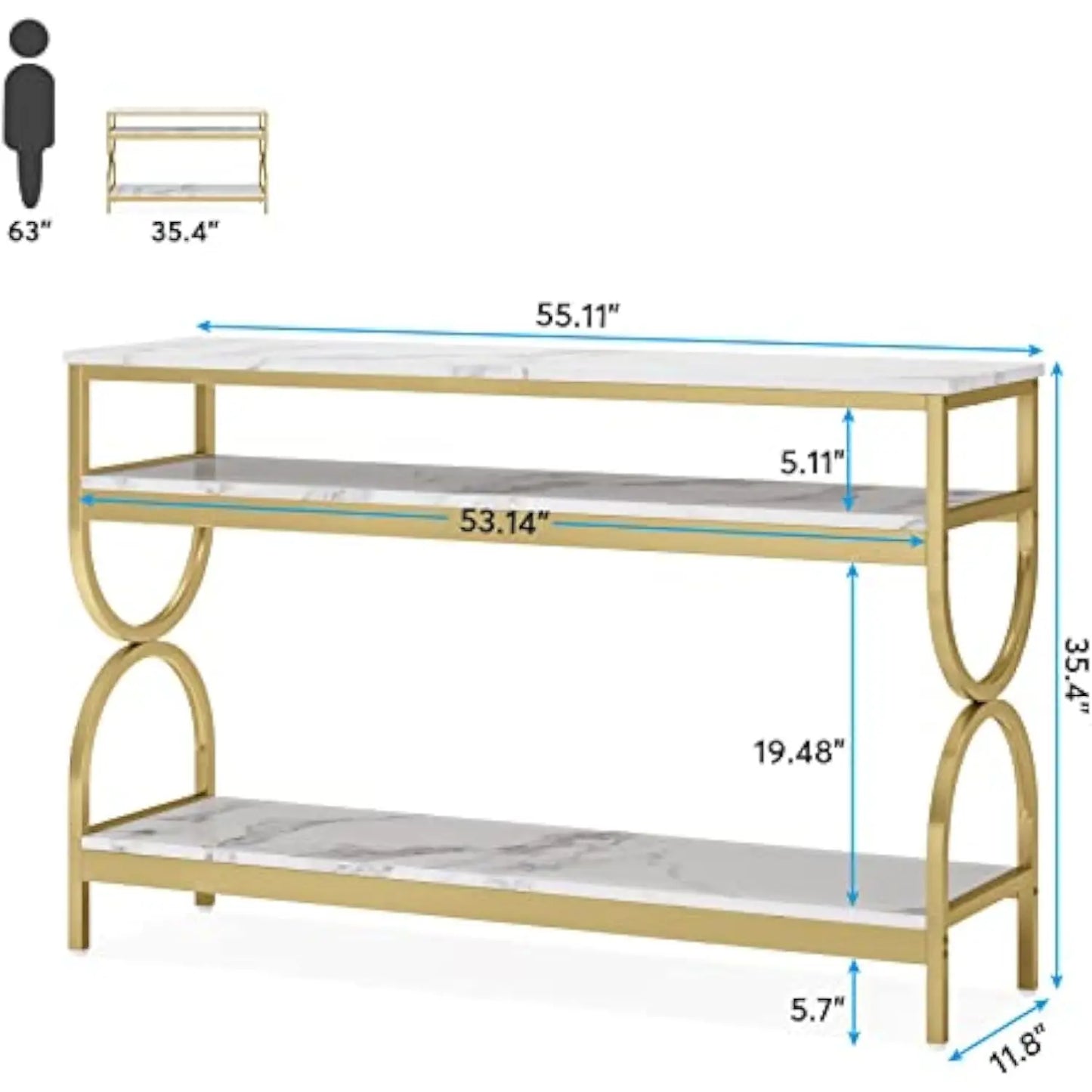 Modern 3 Tier Console Table with Faux Marble Top and Storage Shelves