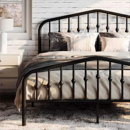 Queen Size Metal Platform Bed Frame with Victorian Wrought Iron