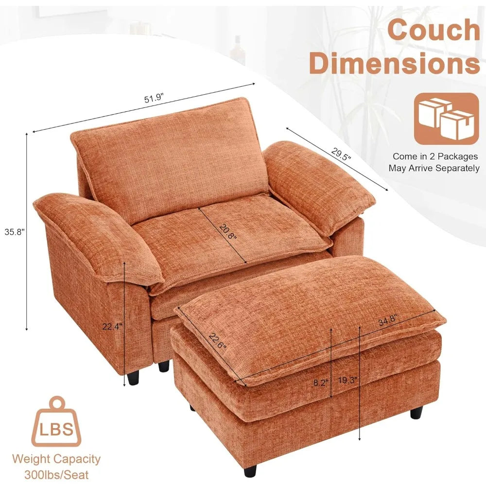 Orange Oversized Cloud Accent Chair with Ottoman for Comfort
