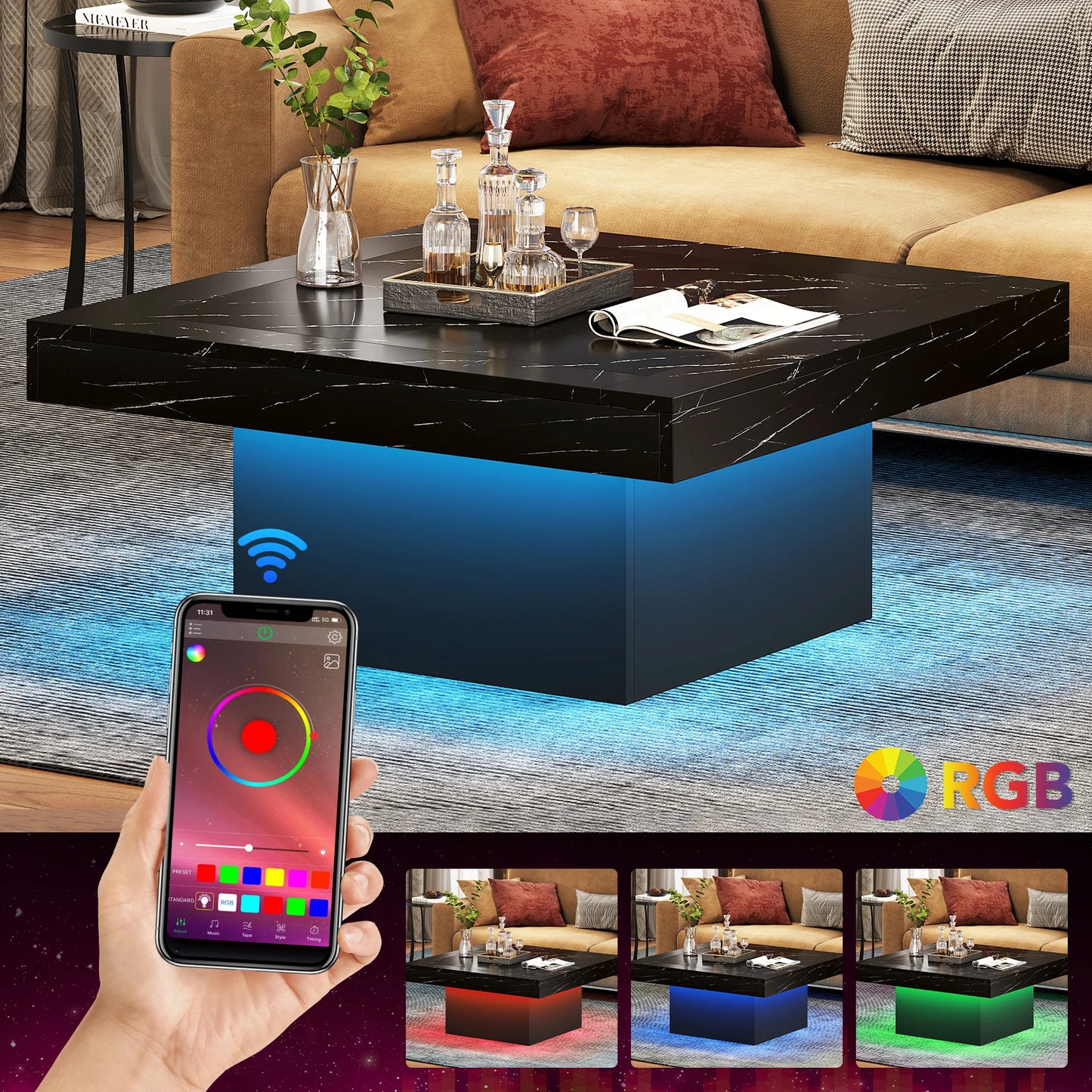 Tribesigns Square LED Coffee Table in Grey and White Finish