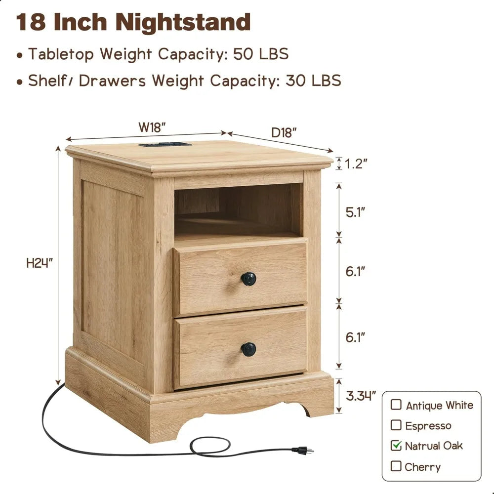 Vintage Nightstand with Charging Station and Storage Shelf
