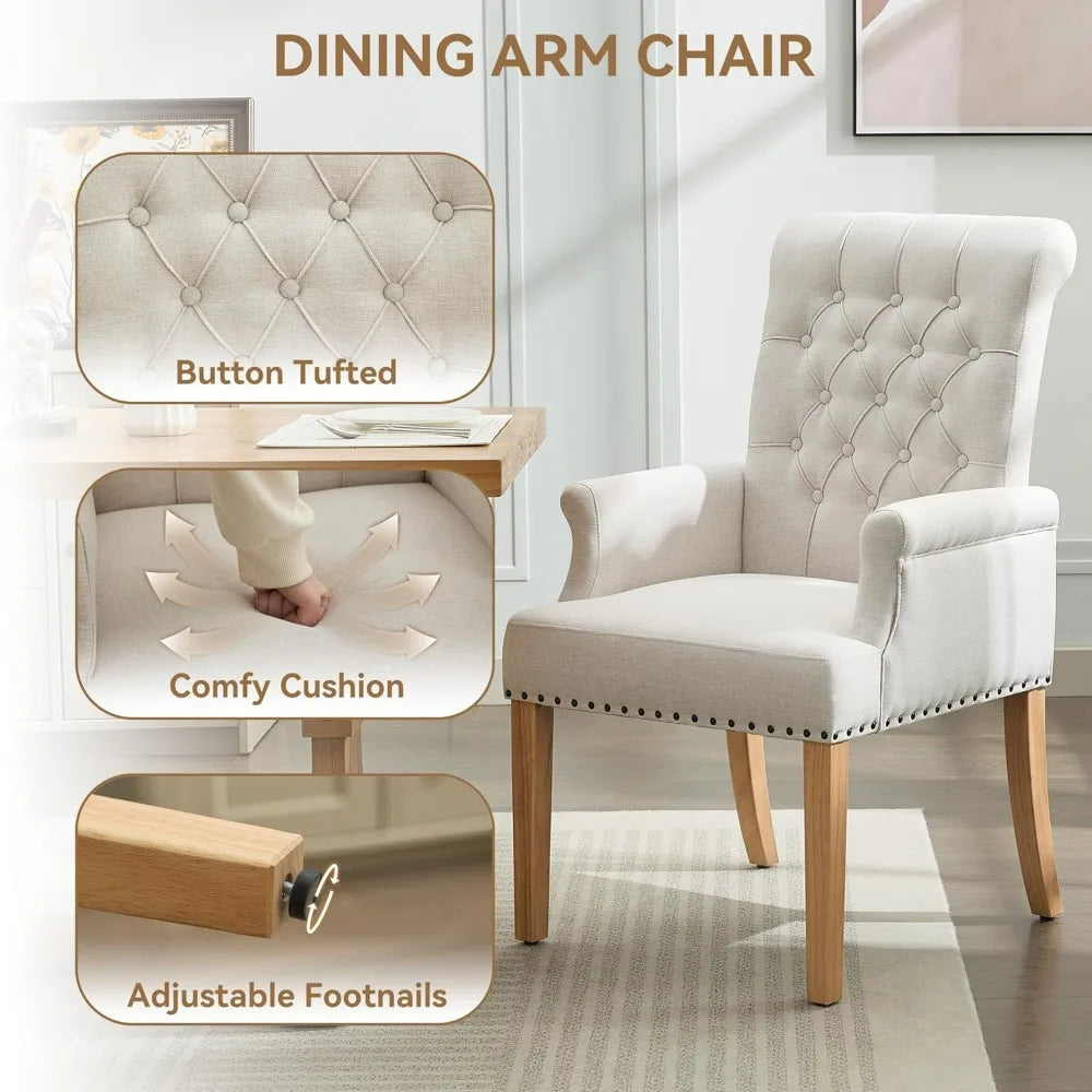 Upholstered Tufted Dining Chair with Arms and Solid Wood Legs