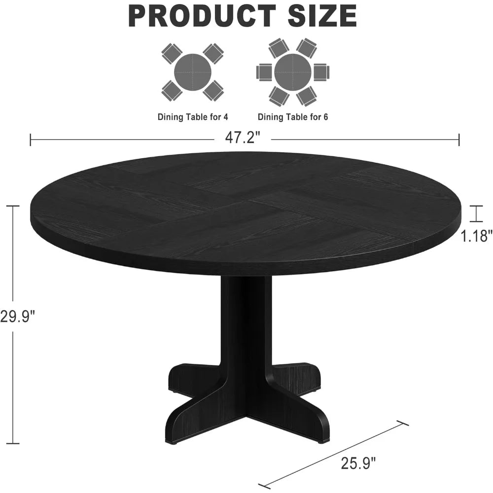 Round Dining Table for 4 with Wooden Base 47 Inch Black Circle
