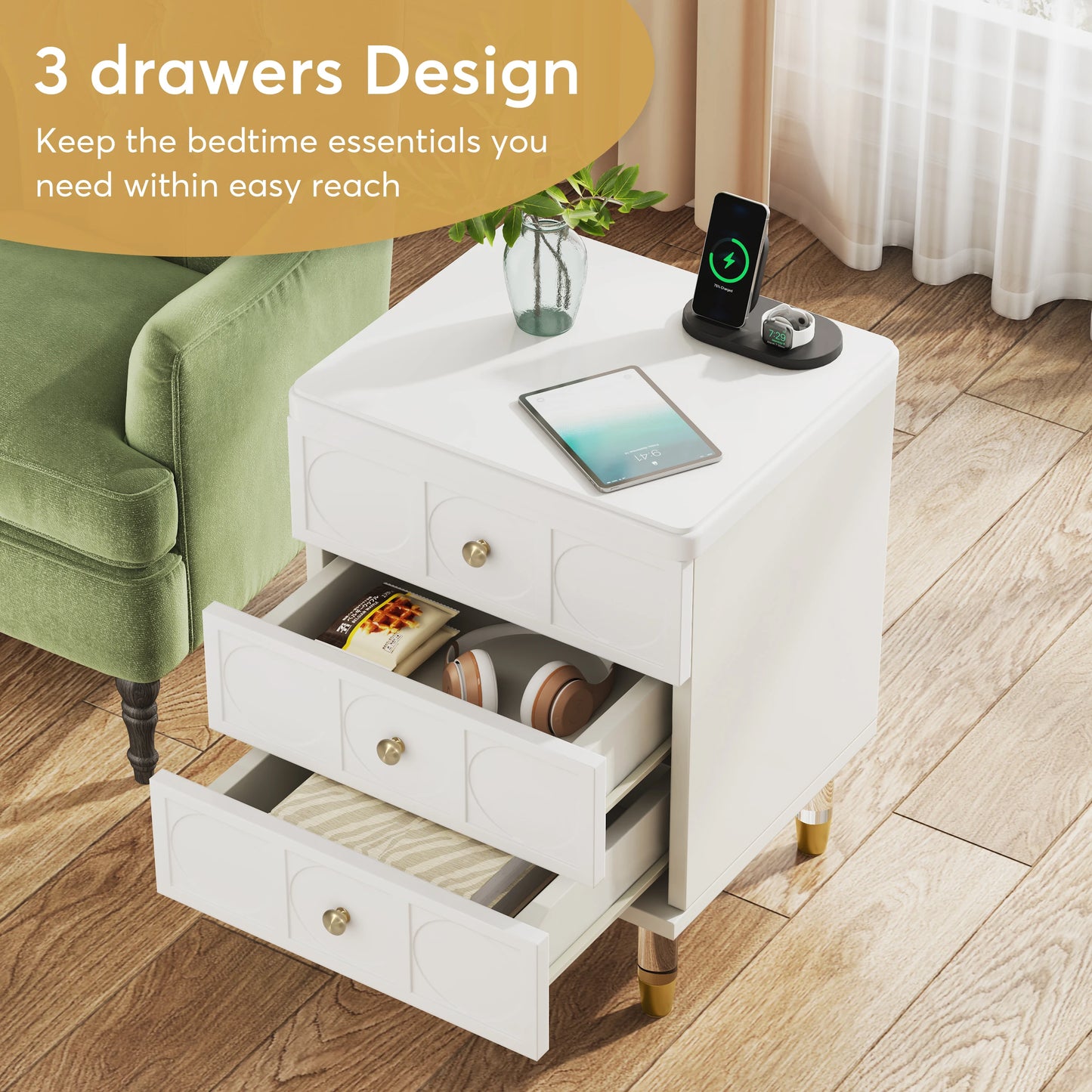 Tribesigns Modern White Gold 3-Drawer Nightstand with Storage