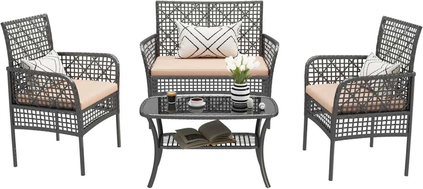 4 Piece Outdoor Patio Furniture Set with Cushions and Table