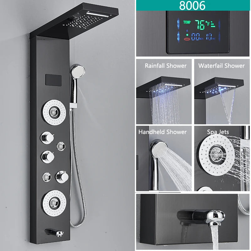 LED Rainfall Shower Faucet Set with Temperature Display and Massage