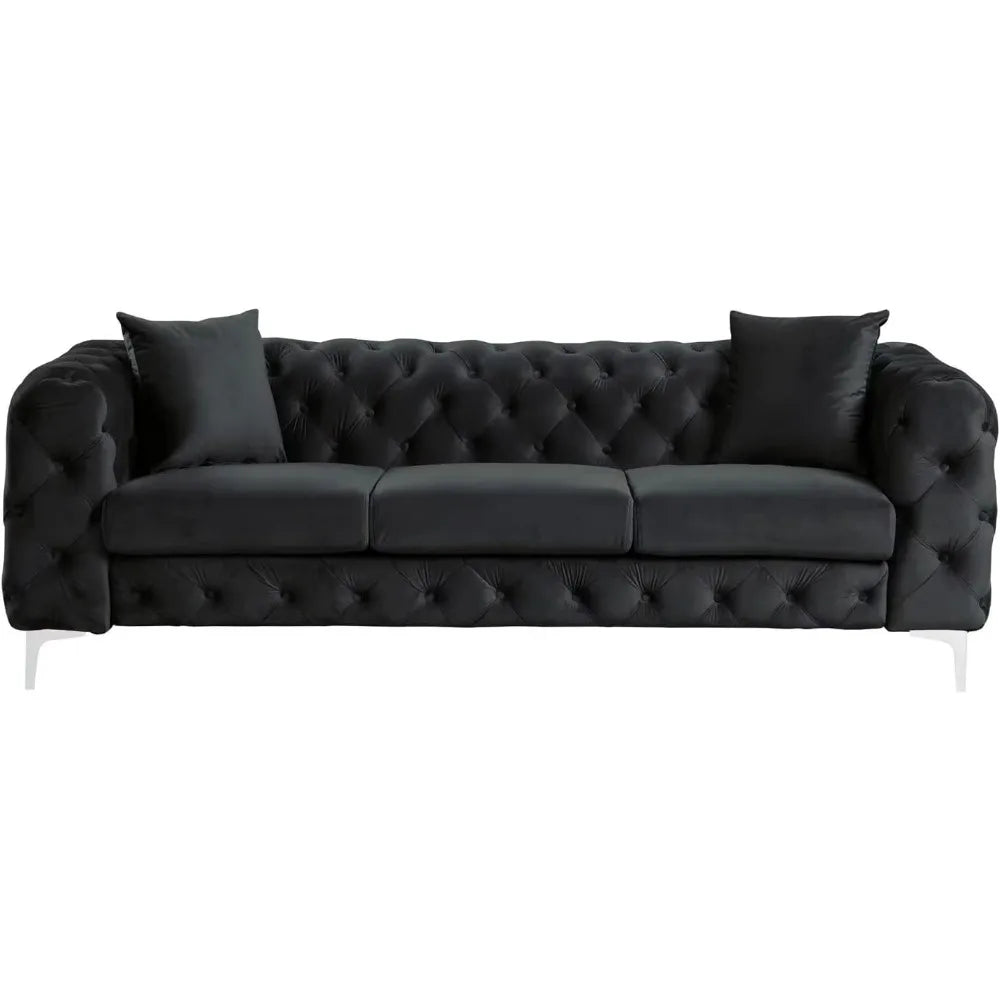 Modern Black Velvet Couch with Deep Button Tufting and Solid Frame