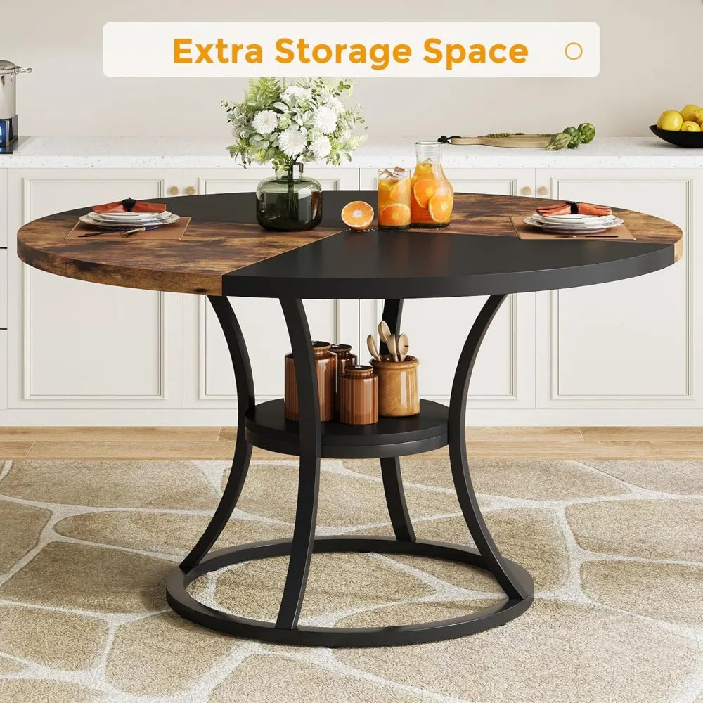 Round Dining Table for 4 to 6 with Storage Shelf and Metal Base