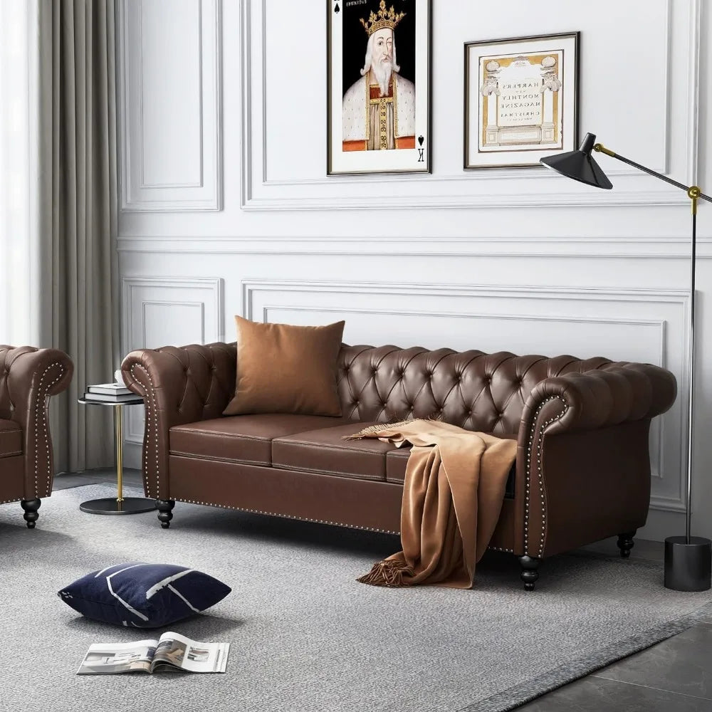 Chesterfield Leather Sofa 3 Seater Mid Century Tufted Couch
