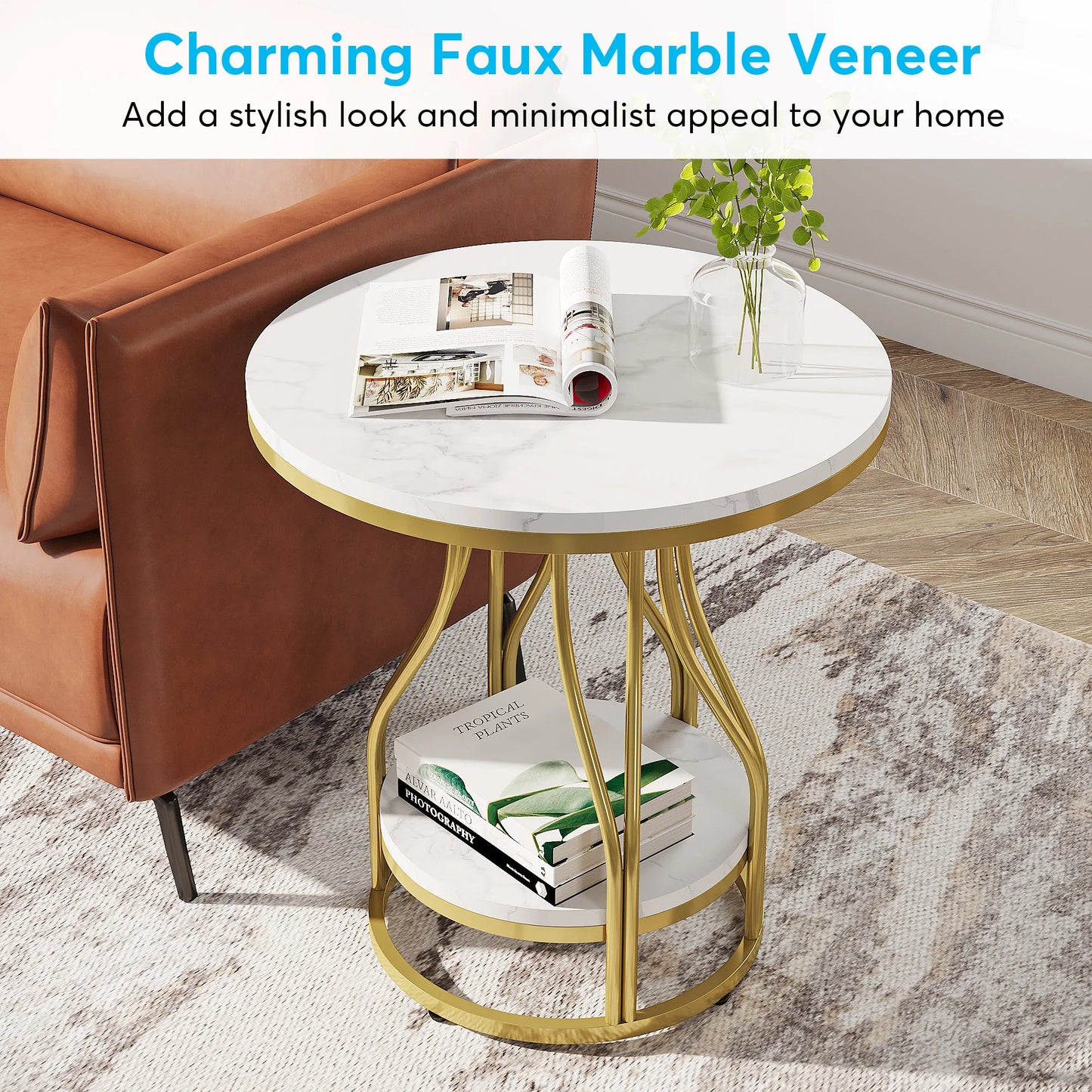 Tribesigns Modern White Gold Round Side Table with Storage