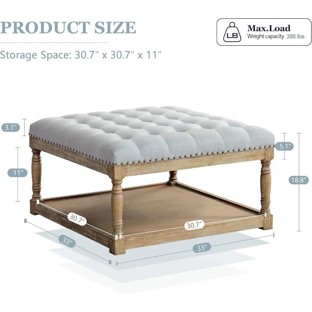 Large Square Tufted Ottoman Coffee Table with Storage Shelf