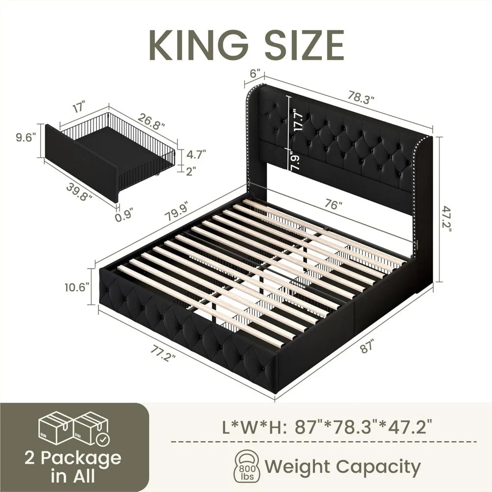 King Size Velvet Upholstered Bed Frame with Storage Drawers