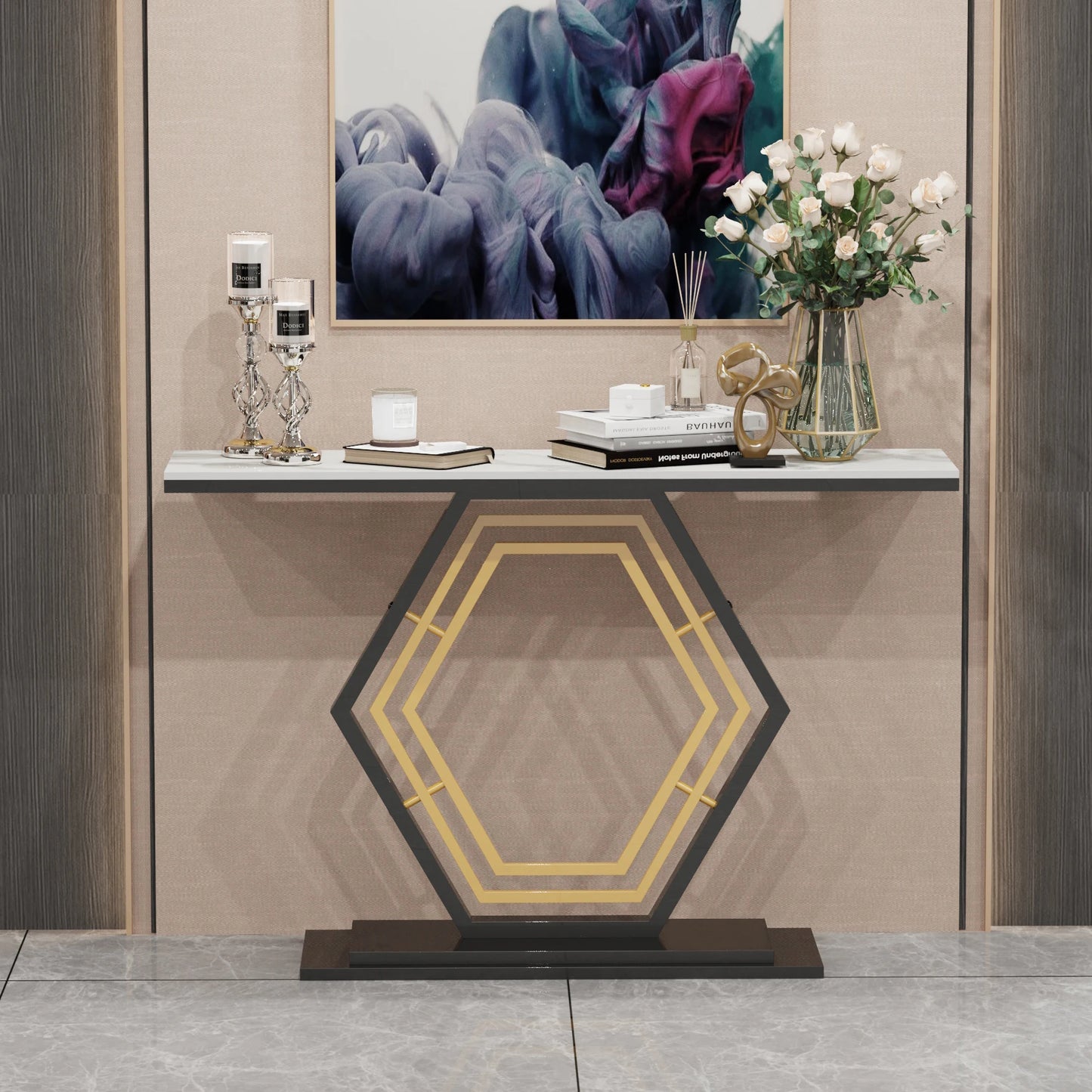 Modern Metal Console Table with Sintered Stone Top for Entryway