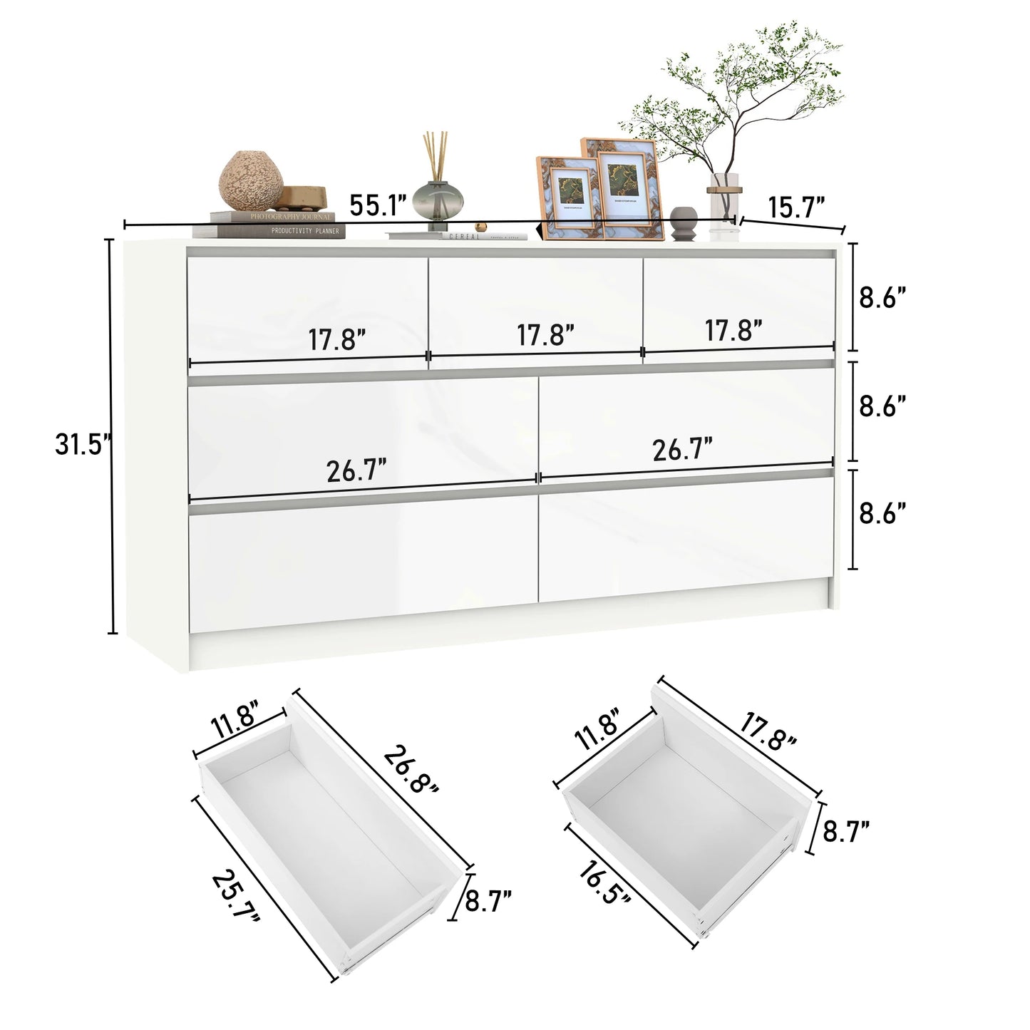 Modern 7 Drawer Dresser with High Gloss Finish in White Black