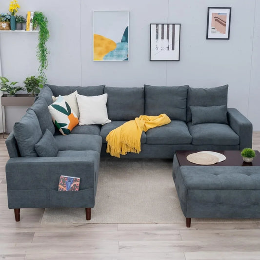 Modern Upholstered L-Shape Sectional Sofa in Grey for Living Room