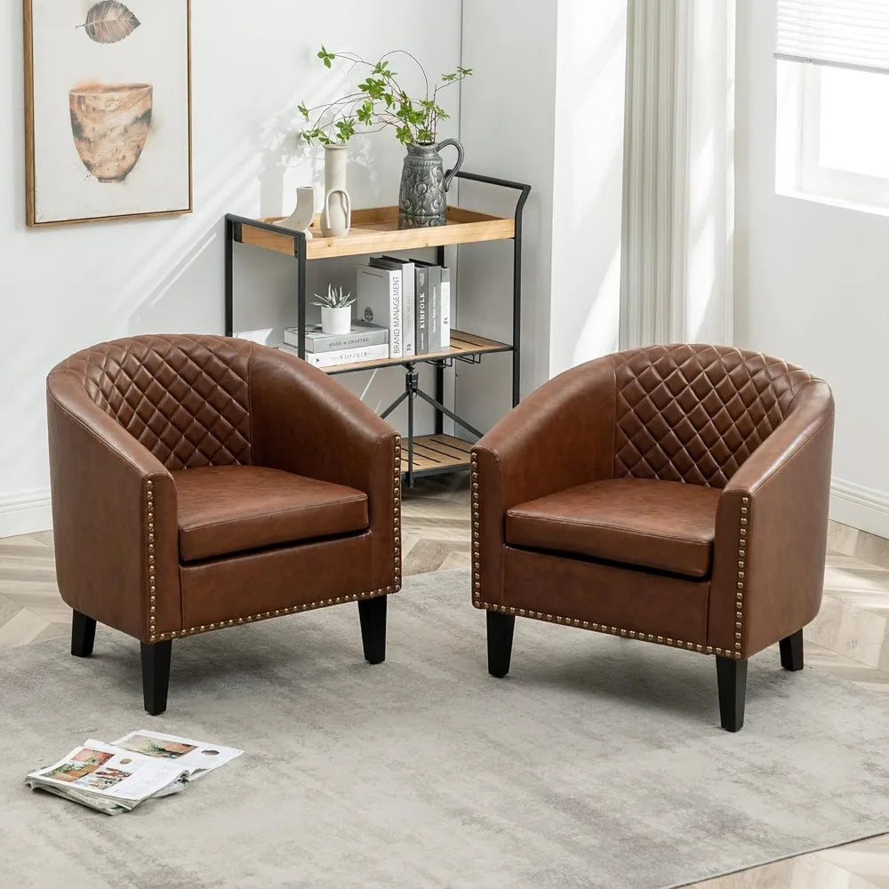 29 Inch Faux Leather Barrel Chairs Set of 2 Modern Accent Chairs
