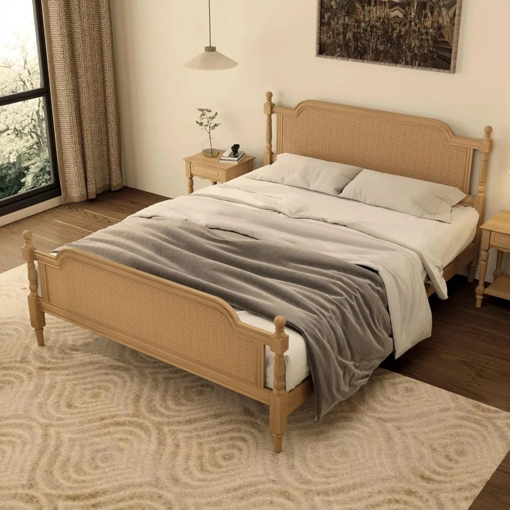 Traditional Rattan King Size Bed Frame Antique Walnut Finish