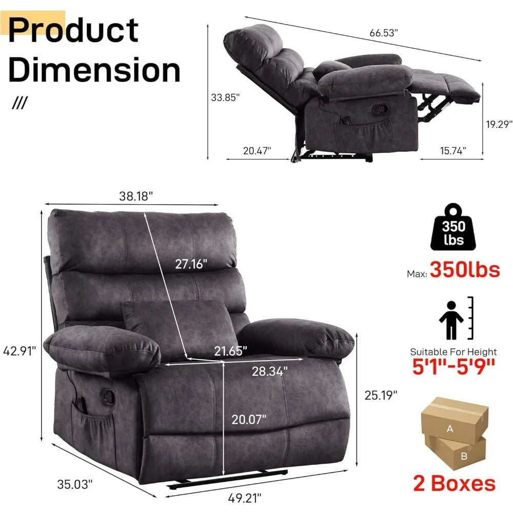 Oversized Manual Fleece Recliner with Lumbar Pillow and Pockets