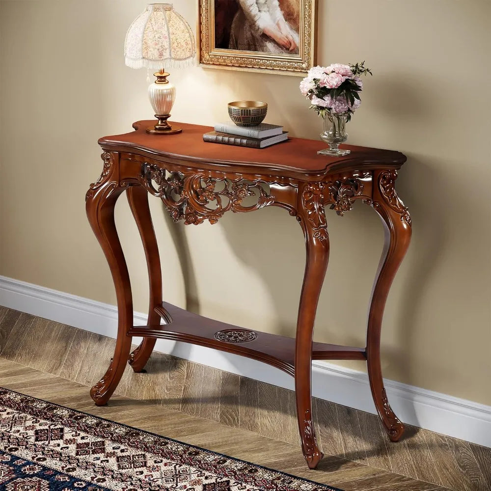 Victorian Half Moon Console Table with Floral Apron and Legs