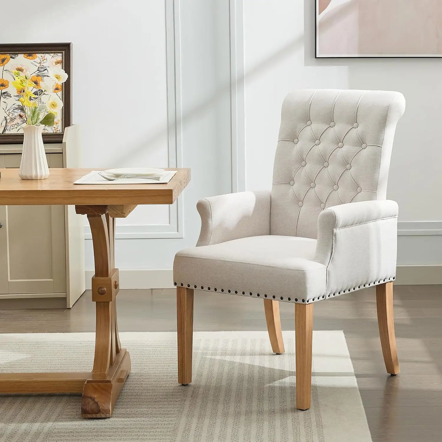 Upholstered Tufted Dining Chair with Arms and Solid Wood Legs