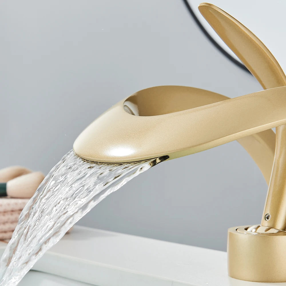 Gold Brass Waterfall Bathroom Faucet Single Handle Mixer Tap