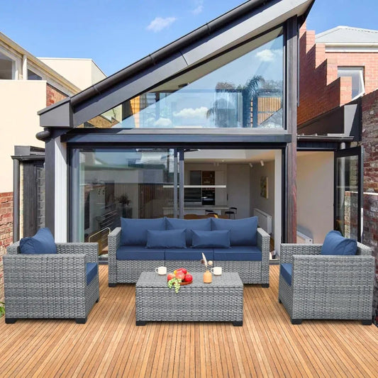 4 Piece Royal Blue Wicker Patio Furniture Set with Storage Table