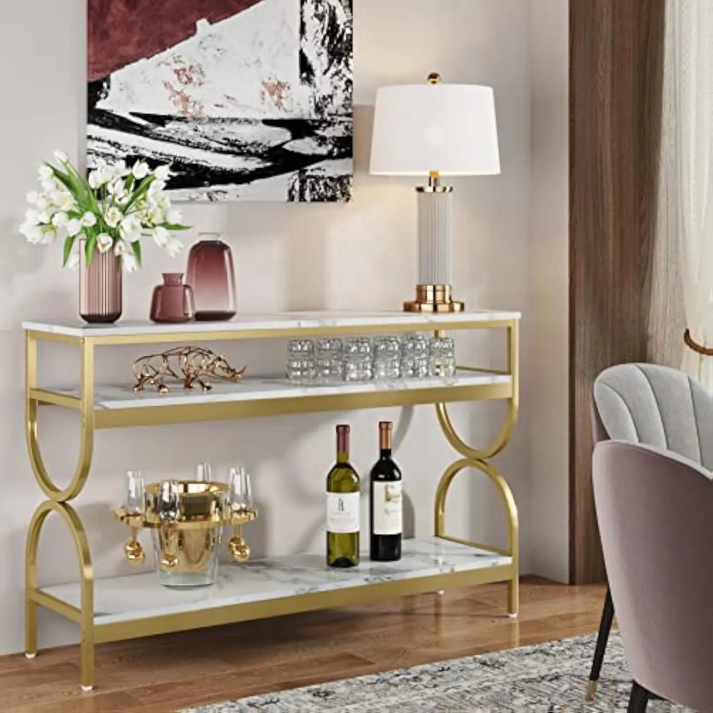Modern 3 Tier Console Table with Faux Marble Top and Storage Shelves