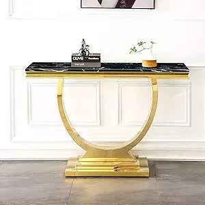 White Marble Console Table with Stainless Steel Base for Living Room