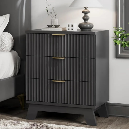 Fluted Nightstand with 3 Drawers Mid Century Modern Design