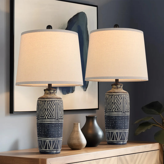 2 Pack 25 Inch Carved Geometric Ceramic Table Lamps Rustic Style