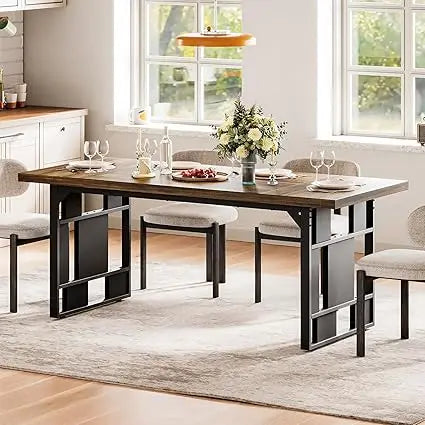 Rustic 71 Inch Large Dining Table for 6 with Metal Frame