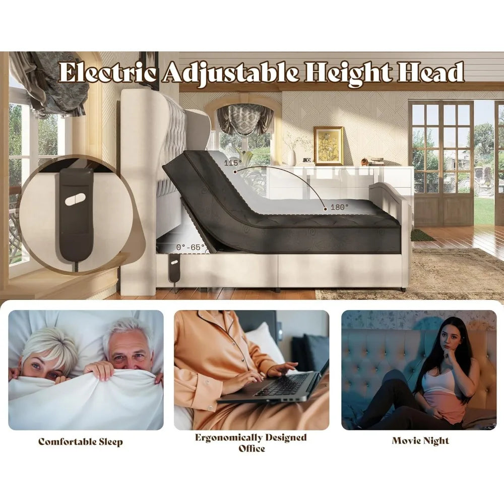 Amerlife King Size Adjustable Bed Frame with Velvet Headboard