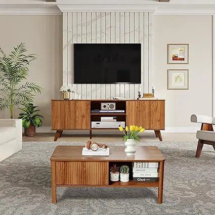 Rustic Walnut TV Stand and Coffee Table Set with Storage